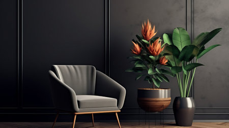 Black living room interior with armchair and flower in vase. 3d renderの素材
