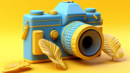 Photography background with camera and feather in yellow color. 3d illustrationの素材