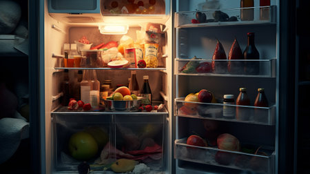 Refrigerator full of food, vegetables and fruits. Refrigerator close up.の素材