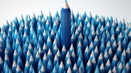 3d rendering of blue pencil standing out from crowd of pencilsの素材