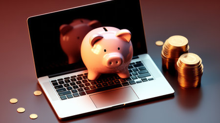 Piggy bank with coins on laptop computer. 3D illustration.の素材