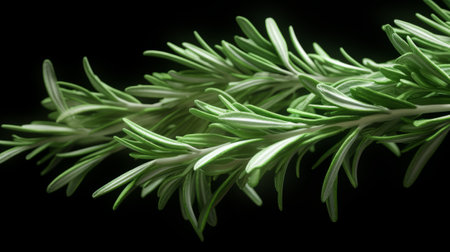 Fresh green rosemary twig isolated on black background. Close up.の素材