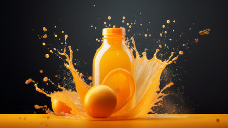 Orange juice splash on black background. 3d rendering, 3d illustration.の素材