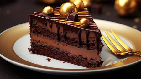 Piece of chocolate cake with golden fork and christmas balls on backgroundの素材