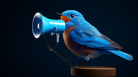Bluebird with megaphone on black background. 3d illustrationの素材