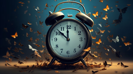 Alarm clock and butterflies flying out of it. Time concept.の素材