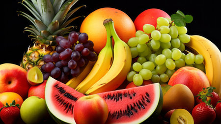 Composition of fresh fruits and vegetables on black background, closeupの素材