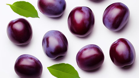 Fresh ripe plums with green leaves on white background, top viewの素材