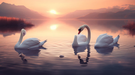 Beautiful white swans swimming on a lake at sunset. Romantic background.の素材