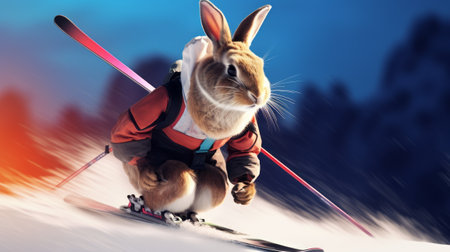 Easter bunny on skis in the mountains. Happy Easter concept.の素材