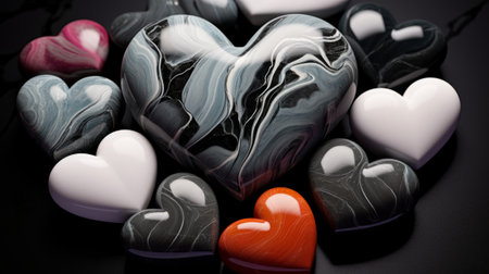 3D illustration of hearts with black and white marble on black backgroundの素材