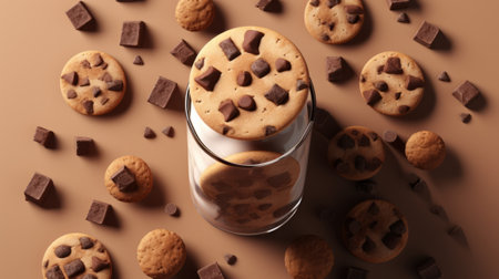Chocolate chip cookies and a glass of milk. 3d renderingの素材