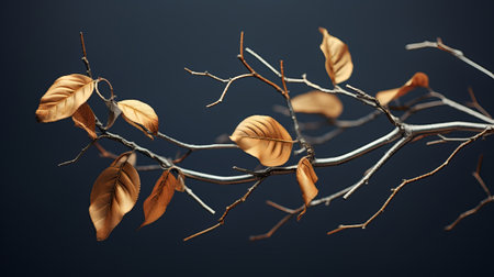 3D render of a branch with autumn leaves on a dark backgroundの素材