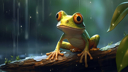 Frog on a log in the rain. 3D rendering.の素材
