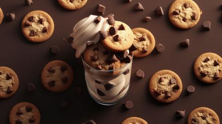 Chocolate chip cookies in a glass on a brown background. 3d renderingの素材