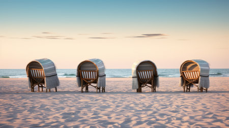 Beach chairs on the beach at sunset. 3D Renderingの素材