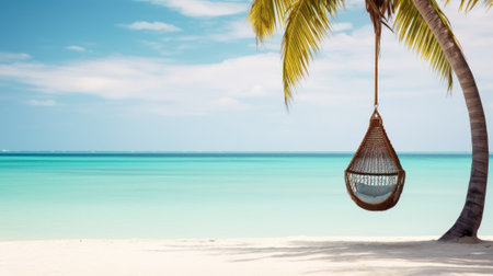 Empty hammock on tropical beach with coconut palm tree - summer vacation backgroundの素材