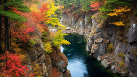 Autumn landscape with colorful forest and river in the forest, Japanの素材