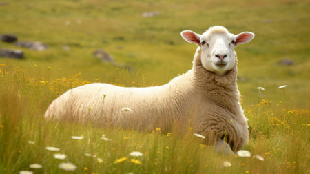 Sheep in a meadow full of daisies, Icelandの素材