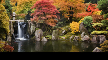 Autumn leaves in japanese garden with water fall background.の素材