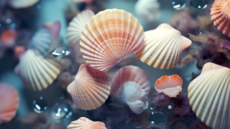 Sea shells in aquarium, close-up view. Natural background.の素材
