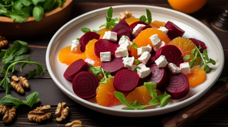 Beetroot salad with feta cheese and walnuts on wooden backgroundの素材