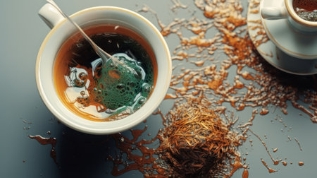 Cup of coffee with splashes of coffee on a dark backgroundの素材