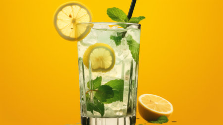 Mojito cocktail with lemon, mint and ice on yellow backgroundの素材