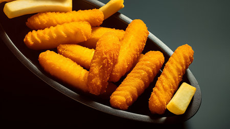 Fried cheese sticks on a black plate. Close up. Toned.の素材