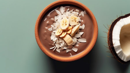 Chocolate smoothie bowl with banana, coconut and almond flakes over green backgroundの素材