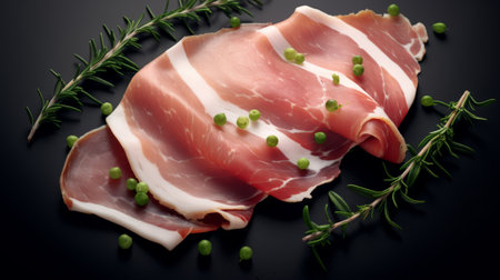 Sliced prosciutto with green peas and rosemary on black backgroundの素材