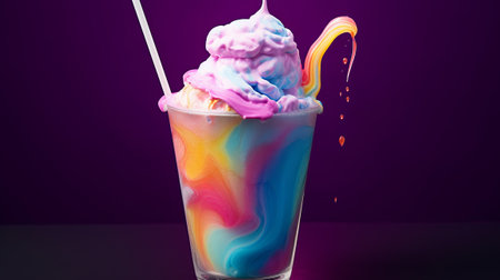 Milkshake with pink, blue and purple splashes in glass on purple backgroundの素材