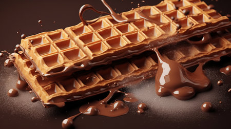 Delicious waffles with chocolate on dark background, close-upの素材