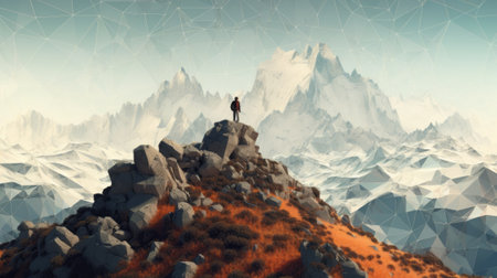 Low poly mountain landscape with a man standing on the top of a mountainの素材