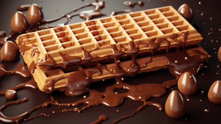 Belgian waffles with chocolate on a black background. 3d renderingの素材