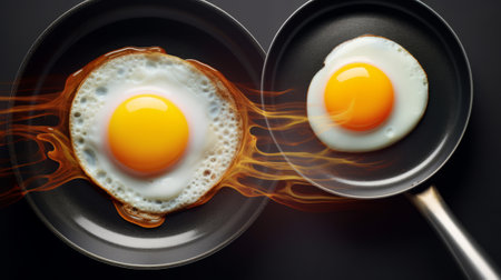 Fried eggs in frying pan on black background. Top view.の素材