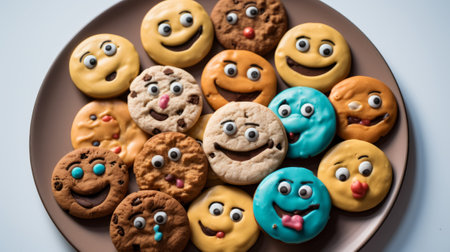 Smiley face cookies on plate, smiley face cookies on plate.の素材