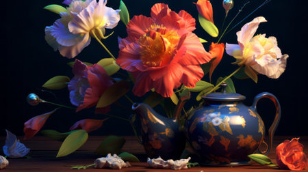 Still life with flowers and teapot on a wooden table.の素材