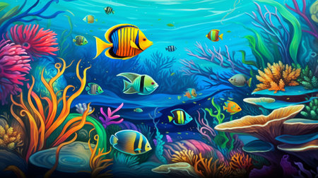 Underwater scene with coral reef and tropical fish. Vector illustration.の素材
