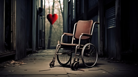 Empty wheelchair in a dark alley with a heart in the background.の素材
