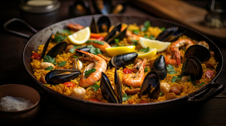 Paella with seafood on wooden background. Traditional spanish dish.の素材