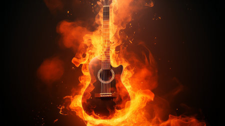 Acoustic guitar in flames on a black background. 3d renderingの素材