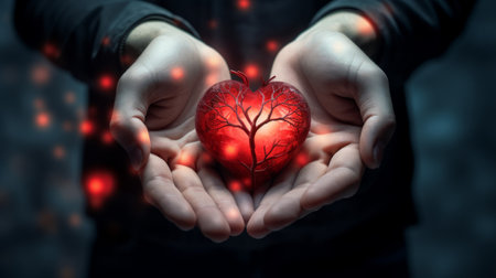 Red heart in the hands of a man on a dark background.の素材