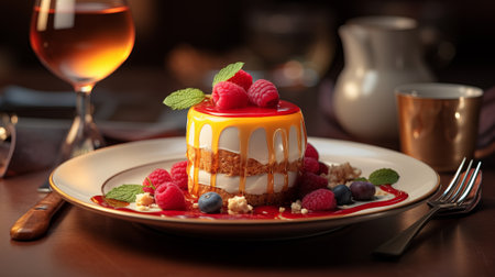 Delicious dessert with raspberries and blueberries on wooden tableの素材
