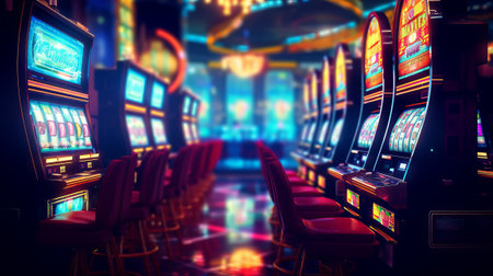 Luxury casino interior with slot machines. 3D Renderingの素材