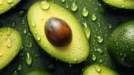 Avocado with water droplets on black background, top view.の素材