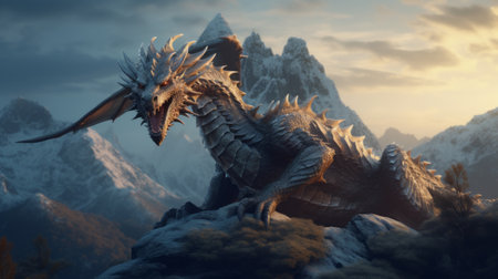 3D rendering of a fantasy dragon in the background of the mountainsの素材