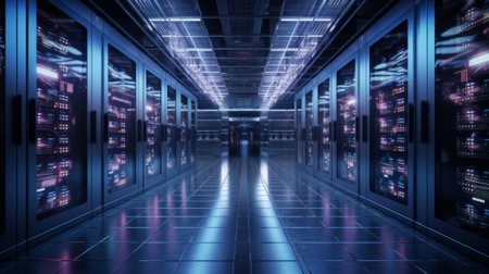 Server room data center. Backup, mining, hosting, mainframe, farm and computer rack with storage information. 3d renderの素材
