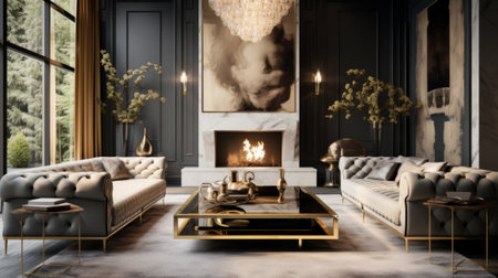Luxury living room interior with fireplace. 3D rendering.の素材