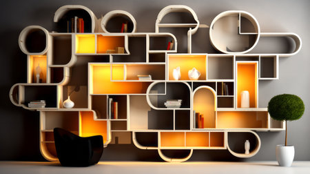 3d illustration of modern interior design with bookshelf and fireplaceの素材